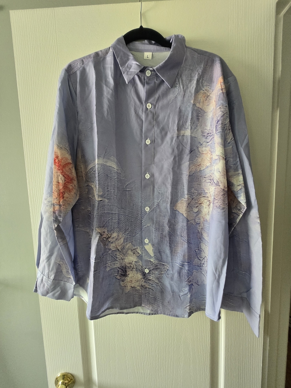 Women's Light Blue Floral Print Button-Up Shirt Size L